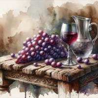 In an ancient wooden table rests a delicate glass filled with red wine, a clear pitcher filled with water, and a bunch of plump purple grapes symbolising Jesus turning water into wine.