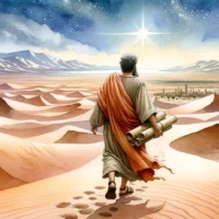 Ancient man walks towards a bright star over a desert, carrying scrolls, with a city in the distance.