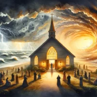 End times chapel in chaos with whirlwinds and lightning outside. Inside, people gather, praying. Warm glow contrasts with dark surroundings, symbolizing faith's refuge.