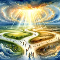 Radiant path symbolizes God's sovereignty, another marked by footprints signifies human choice. People walk amid divine light, contemplating salvation.
