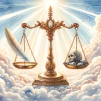 Balanced celestial scale illustrating all sins as equal. A feather for light sins on one side, a heavy rock for grave sins on the other.