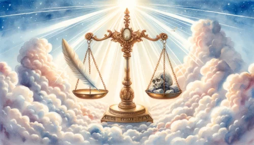 Balanced celestial scale illustrating all sins as equal. A feather for light sins on one side, a heavy rock for grave sins on the other.