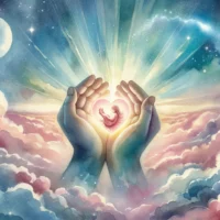 God's hands tenderly hold a glowing heart-shaped orb, symbolizing life in the womb and abortion.