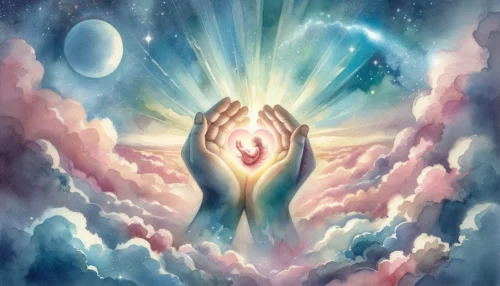 God's hands tenderly hold a glowing heart-shaped orb, symbolizing life in the womb and abortion.