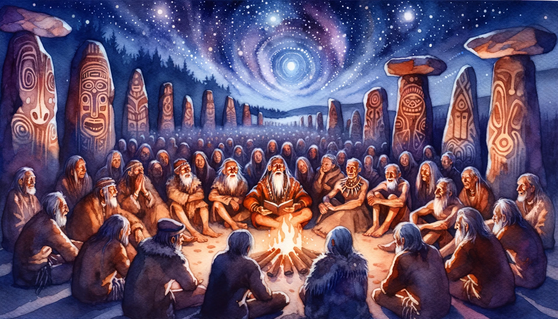 Ancient people around a fire, elders pass down divine knowledge orally. Ancient structures hint at early spiritual practices.