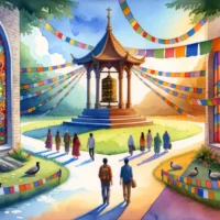 Converging paths showcase a stained-glass Christian church window on the left, casting colorful patterns, and a Buddhist prayer wheel on the right, surrounded by vibrant flags.