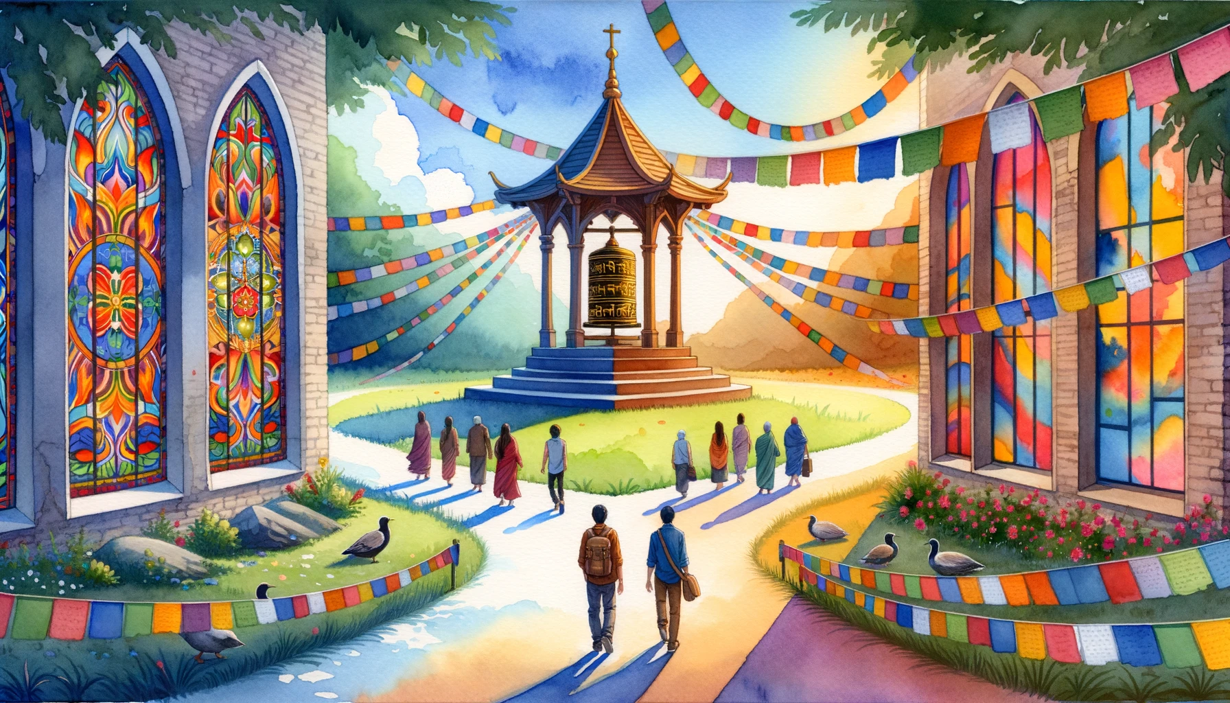Converging paths showcase a stained-glass Christian church window on the left, casting colorful patterns, and a Buddhist prayer wheel on the right, surrounded by vibrant flags.