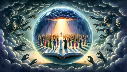 Protective bubble from an open Bible shields people from darkness. Glowing with divine light, it symbolizes God's promises, standing unbroken against curses and spiritual adversity.