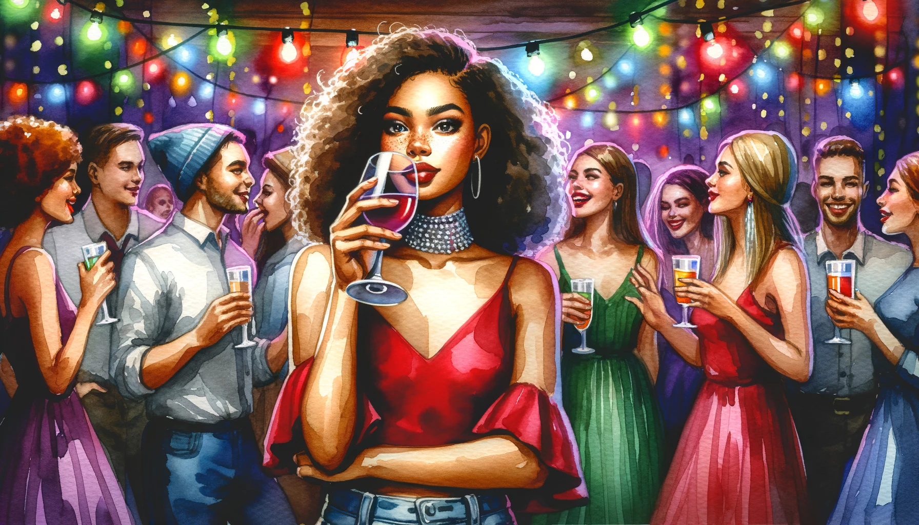 Festively dressed Christian woman drinks alcohol, surrounded by diverse friends dancing and laughing in a vibrant party scene with colorful lights.
