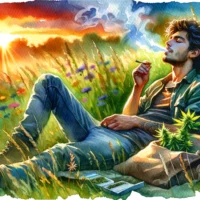 Young Christian man lounging in a wildflower-filled field, smoking marijuana as the sunset bathes the scene in warm hues.