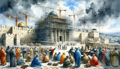Temple under construction, scaffolding, workers, and cranes. Overcast sky hints at a storm. Surrounding Jerusalem with scholars discussing end times.