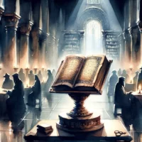 In an ancient library, an open 'Book of Enoch' on a central pedestal. Shadowy figures read and discuss, creating an atmosphere of mystery and reverence.