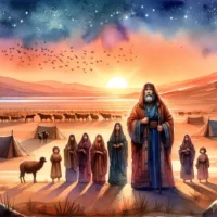 Polygamic patriarch figure in ancient Middle Eastern sunset with wives and children. Vast desert scene with tents, livestock, under a starry sky overhead.