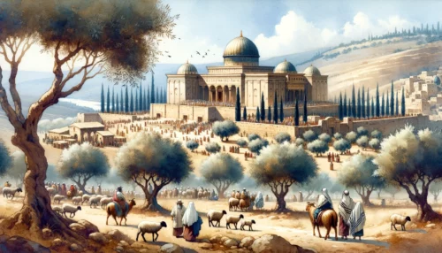 Panoramic view of the ancient Biblical Jewish temple with olive trees. Pilgrims, carrying lambs for sacrifice, make their way amidst a breeze carrying prayers.
