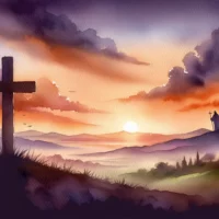Dusk landscape with a prominent cross on a hill, symbolizing hope. Faint silhouette of Jesus in the distant horizon indicates his return.