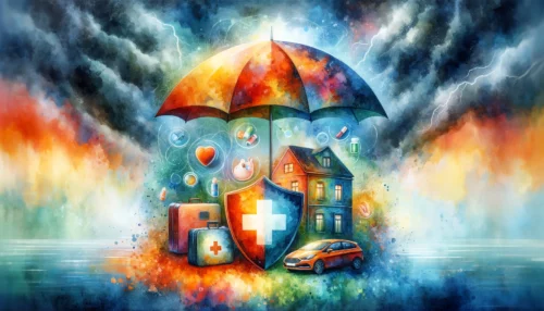 An umbrella shields a house, car, and medical kit, set against a backdrop of contrasting stormy and clear skies.
