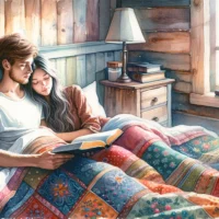 Young Christian couple lying in bed while reading the Bible and thinking about premarital sex.