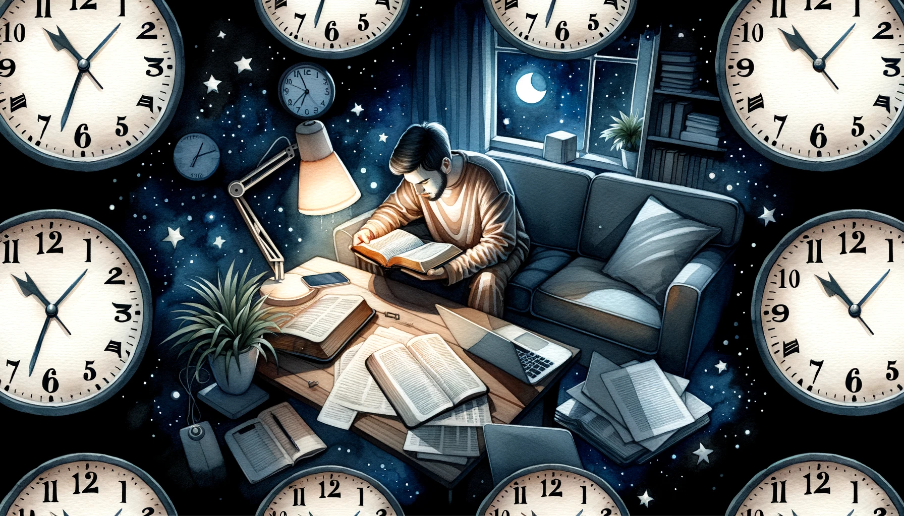 Indoor night scene, an individual illuminated by a lamp, engrossed in Bible study. Nearby, a laptop, papers, and a clock subtly convey the harmony of daily tasks and spiritual pursuits.