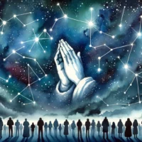 Bright constellations above, one forming clasped hands in prayer. Below, individuals gaze up in awe, signifying the infinite wisdom of God and our quest to resonate with it.