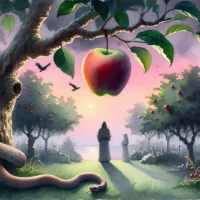 Garden with an apple tree and a tempting fruit. A shadowy snake coils around the tree. A person contemplates from a distance, portraying the biblical tale of Adam and Eve's original temptation.