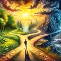 Crossroads in a dreamlike landscape, showcasing a decision point between a bright, forested path and a gloomy, rocky trail.