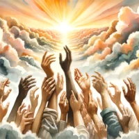 Interwoven hands reach towards the sky against a sunrise backdrop, symbolizing unity and support. Warm light on clouds signifies hope and divine guidance.