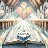 Church interior, light through stained glass forms a heart. In the center, an open Bible with a 'Gratitude' bookmark symbolizes Bible-based strategies for cultivating thankfulness.