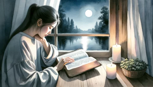 Christian girl deeply engrossed in reading the Bible at a wooden table. Soft candlelight illuminates the pages, a calm lake visible through an open window, reflecting the moonlight.