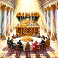 Opulent room with sunlight and pillars. A treasure chest overflows with gold, gems, and scriptural scrolls. Individuals discuss, applying biblical wisdom to money management.
