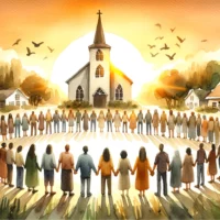 Group of people gathered in a circle, holding hands in unity, with a Christian church in the background, symbolizing faith and community.