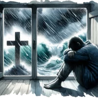 Distressed individual sitting by a window during a stormy night. Outside, the silhouette of a cross stands firm against the raging winds, symbolizing hope and solace in the midst of anxiety.