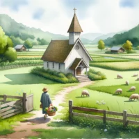 Peaceful countryside setting with a humble wooden chapel in the middle. Surrounding the chapel are lush green fields, with a few sheep grazing.