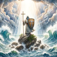 Christian believer standing firm on a rock amidst turbulent waters, holding a shield with a cross emblem., symbolising apologetics.