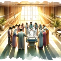 Hospital room bathed in a soft golden light. A family huddled together in prayer around a patient's bed, witnessing an unexpected recovery, symbolizing a modern-day miracle.