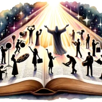 Brightly lit open Bible. On the left, silhouettes sculpt and sing. On the right, figures touched by divine presence symbolize the transformation of talents into spiritual gifts.