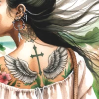 Young Christian woman with a tattoo of an angel's wings on her back. Her ear features multiple piercings, including a cross-shaped earring.