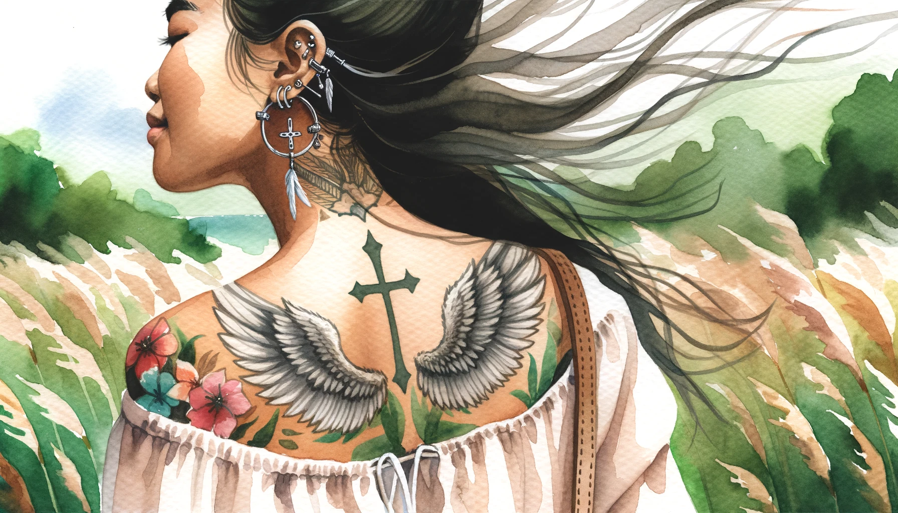 Young Christian woman with a tattoo of an angel's wings on her back. Her ear features multiple piercings, including a cross-shaped earring.