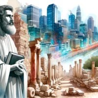 Urban cityscape juxtaposed with ancient ruins. In the foreground, an individual with a Bible in hand, stands beside an ancient apostle or prophet, both looking contemplatively into the distance.