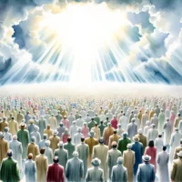 Sea of individuals seen from behind, looking up towards a radiant heavenly light, representing the 144,000 from the Biblical narrative.