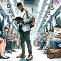 Modern public transportation setting, with a person engrossed in reading a Bible amidst fellow commuters.