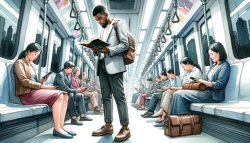 Modern public transportation setting, with a person engrossed in reading a Bible amidst fellow commuters.