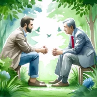 Two men are deeply engrossed in conversation, with the surrounding nature symbolizing the peace and understanding that comes from effective communication.