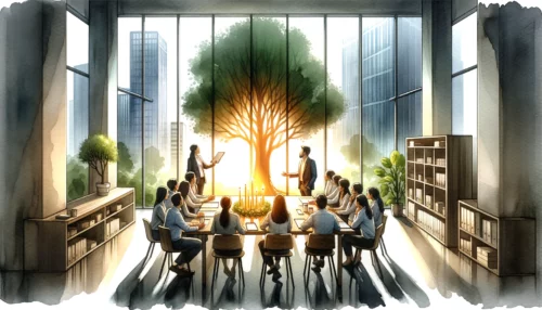 Collaborative team meeting, employees brainstorming. A tree outside the window symbolizes growth, and a burning candle on the table represents the light of Christ guiding decisions.