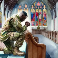 Christian soldier kneels in a military chapel, hands clasped in prayer by a pew. Stained glass windows cast a colorful mosaic around him, creating a poignant scene.