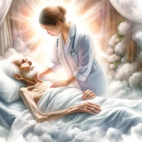 Very old, sick person in a bed with soft white linens. An ethereal light emanates from above, a nurse gently tends to the patient, illustrating compassion and the sanctity of life.