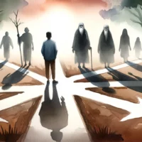 Person standing at a crossroads, with shadowy figures of ancestors behind them, representing the influence of past generations on current choices and challenges.