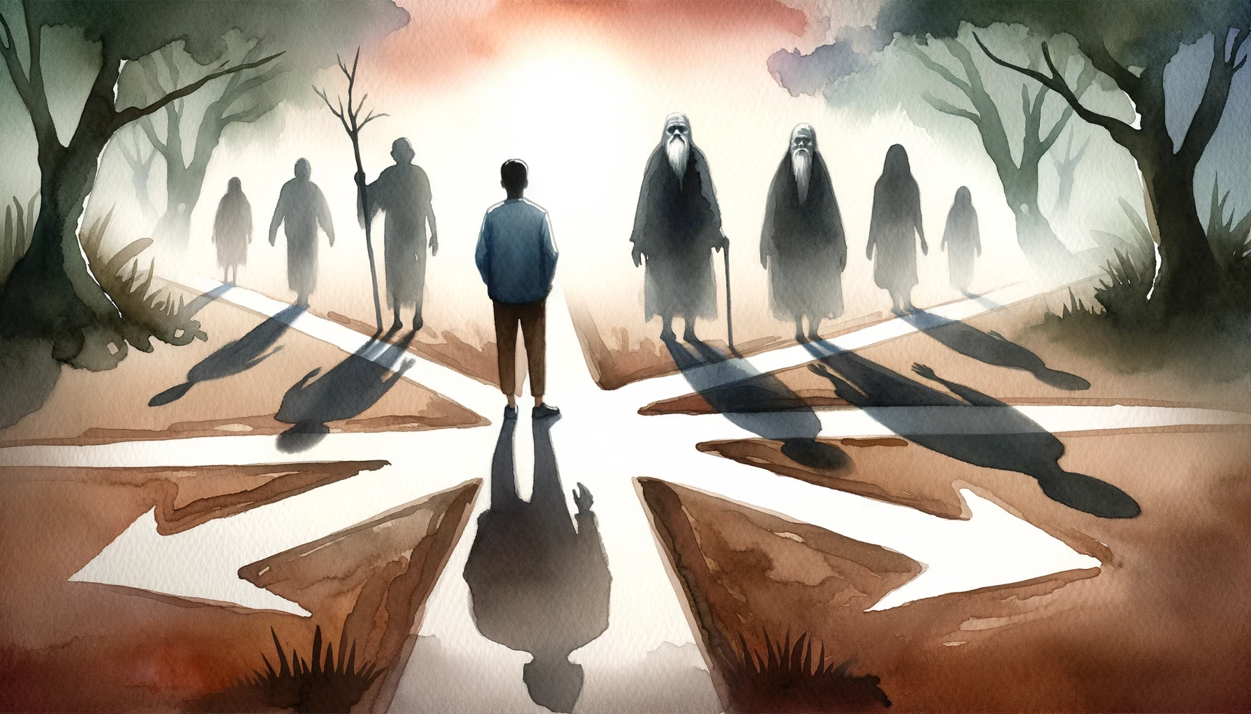 Person standing at a crossroads, with shadowy figures of ancestors behind them, representing the influence of past generations on current choices and challenges.