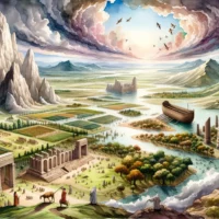 Vast ancient landscape, with prominent Biblical events from the early chapters of Genesis unfolding, symbolizing the foundational narratives.