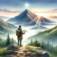 Serene mountain landscape at dawn. A person stands at the base, gazing at the peak with a map and compass in hand.