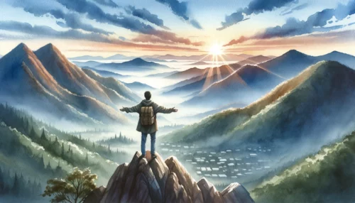 Mountainous landscape at dawn, with the first light breaking through the horizon. A Christian stands at the peak, arms outstretched, embracing the vastness and serenity.